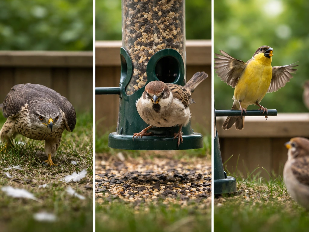 Three minimal moments at a bird feeder: ambush predation posture, aggressive lunge stance, and territorial display.