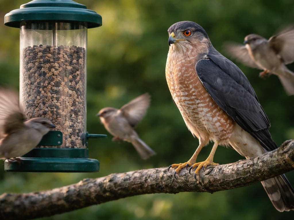 A sharp-shinned hawk near a backyard bird feeder with small songbirds in the foreground.