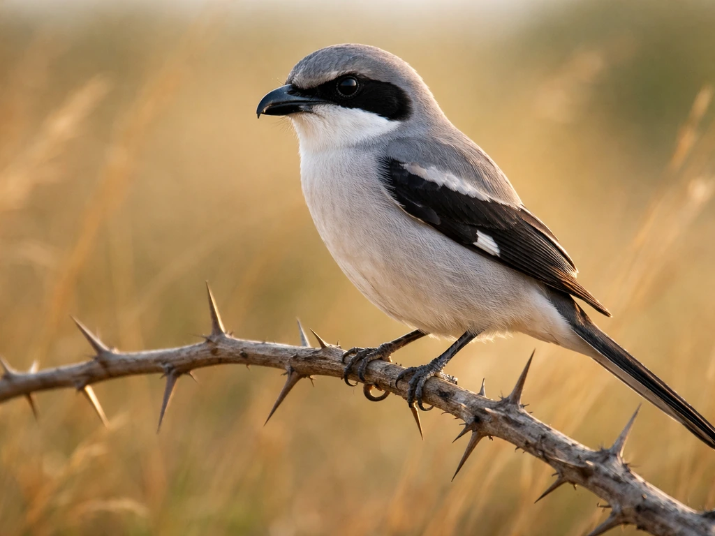 Loggerhead shrike perched on thorny branches in natural light, shown in a hunting-ready posture.