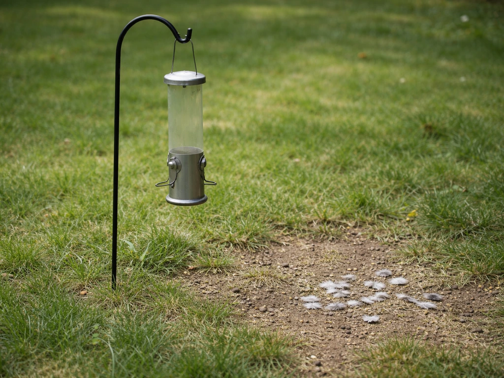 Empty bird feeder covered and a few feathers on the ground after an incident