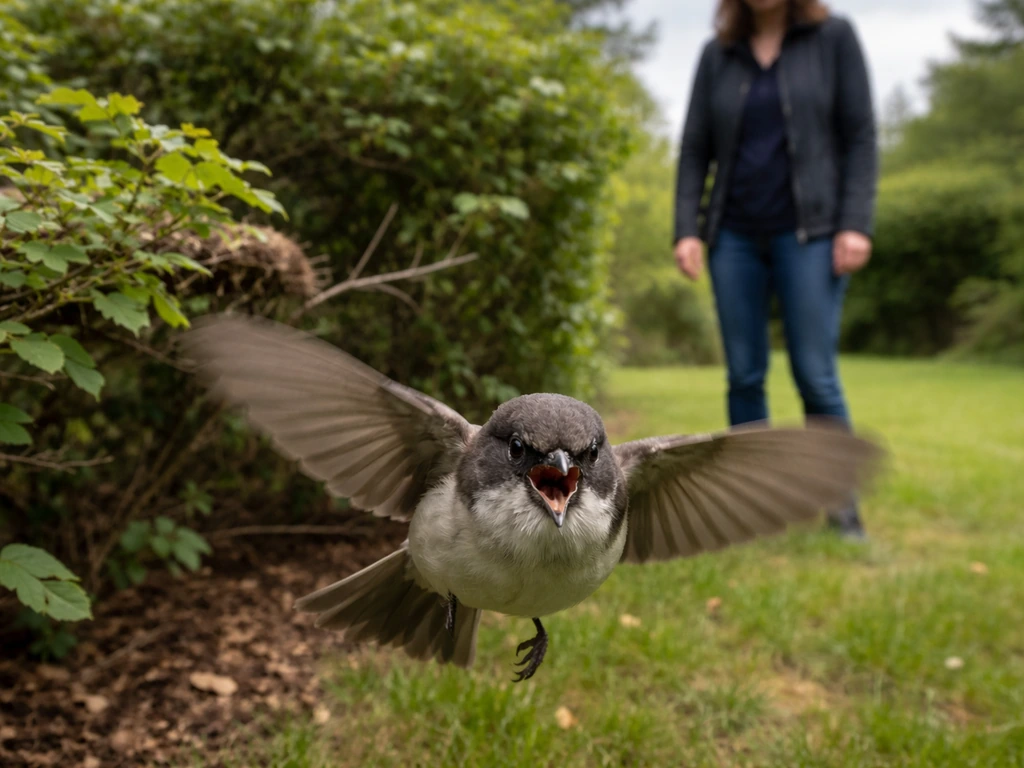 A defensive bird lunges near a person standing back by shrubs, suggesting a nesting territory warning.