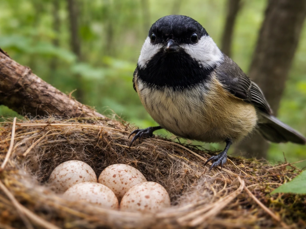 A wild bird perched near its nest with eggs, alert and protective in natural light.