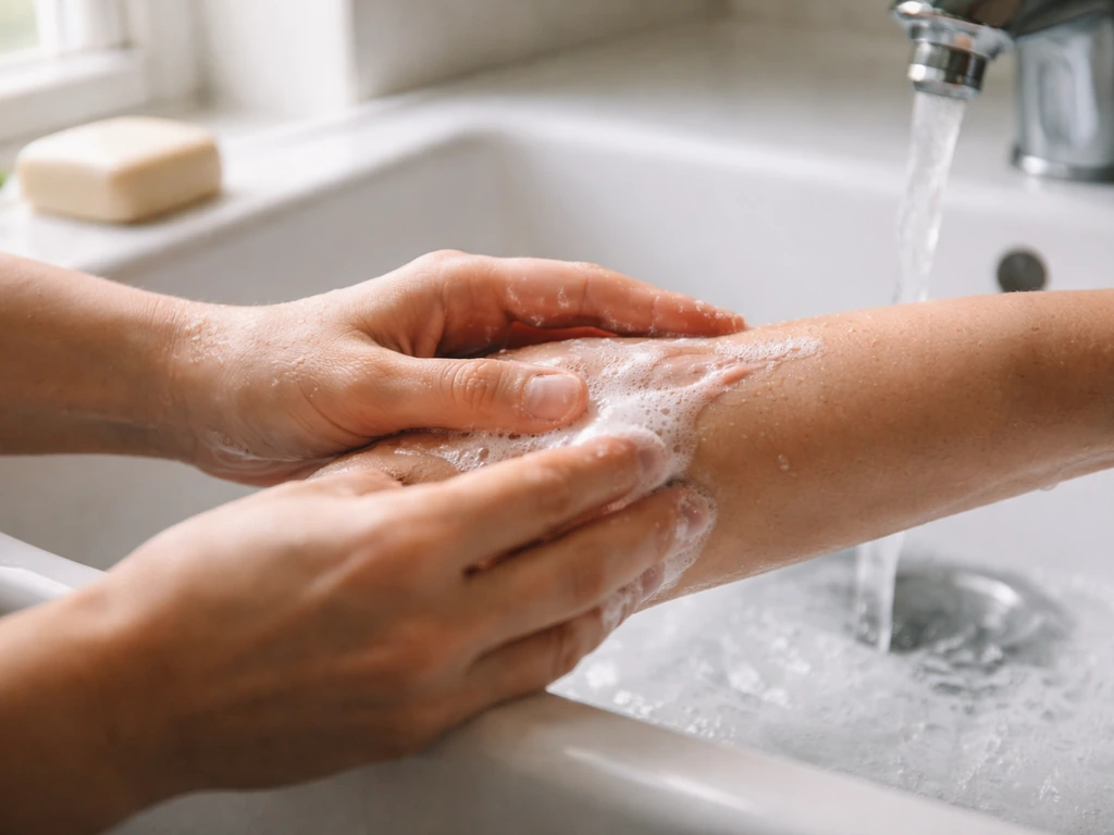 Hands washing a minor scratch on an arm with soap and running water at a bathroom sink.