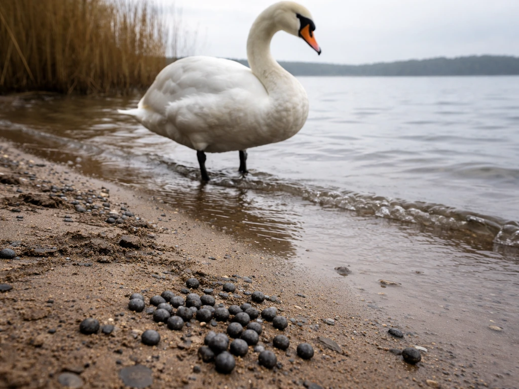 Wild swan on a quiet shoreline, with small lead shot pellets visible near the waterline