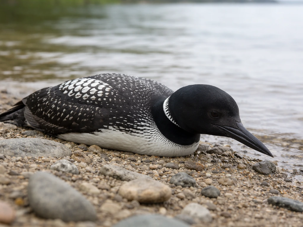 Lethargic loon's-like waterbird sitting on shore with slight droop, emphasizing weakness from lead poisoning.