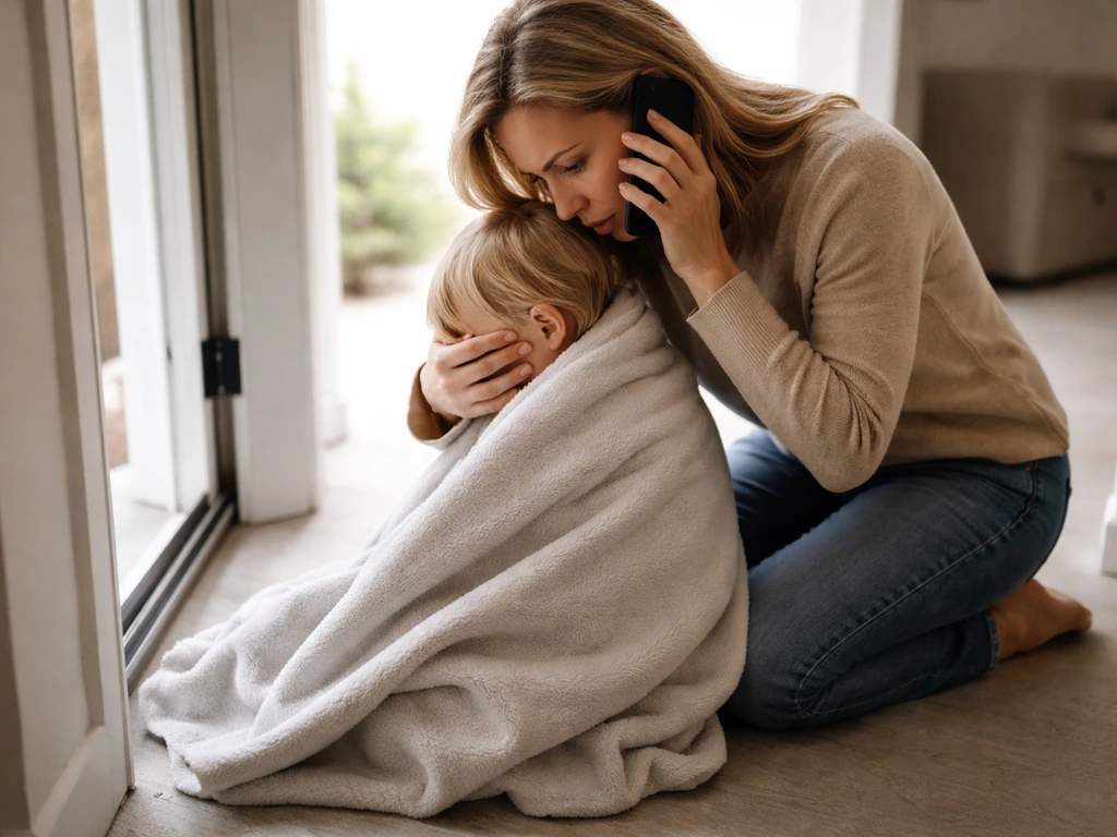 Adult kneeling by a child while calling emergency services, calming and covering the child safely.