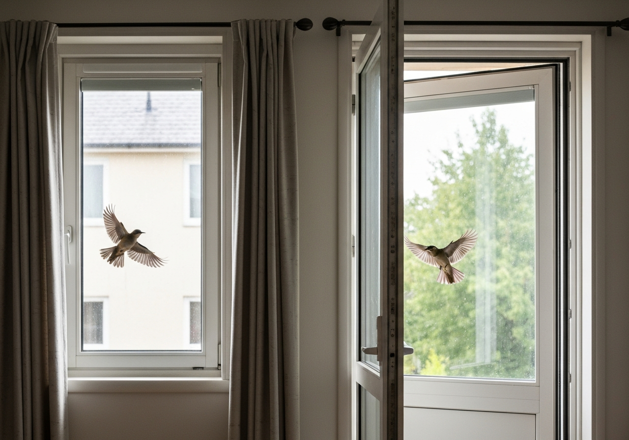 Bird inside near a closed window with curtains and an open exit