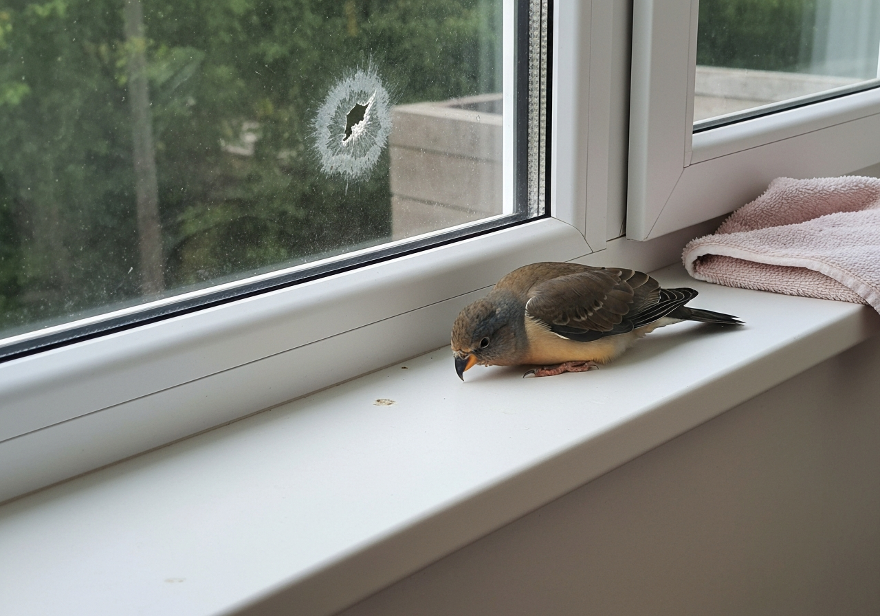 Bird with visible signs of window collision on a windowsill area
