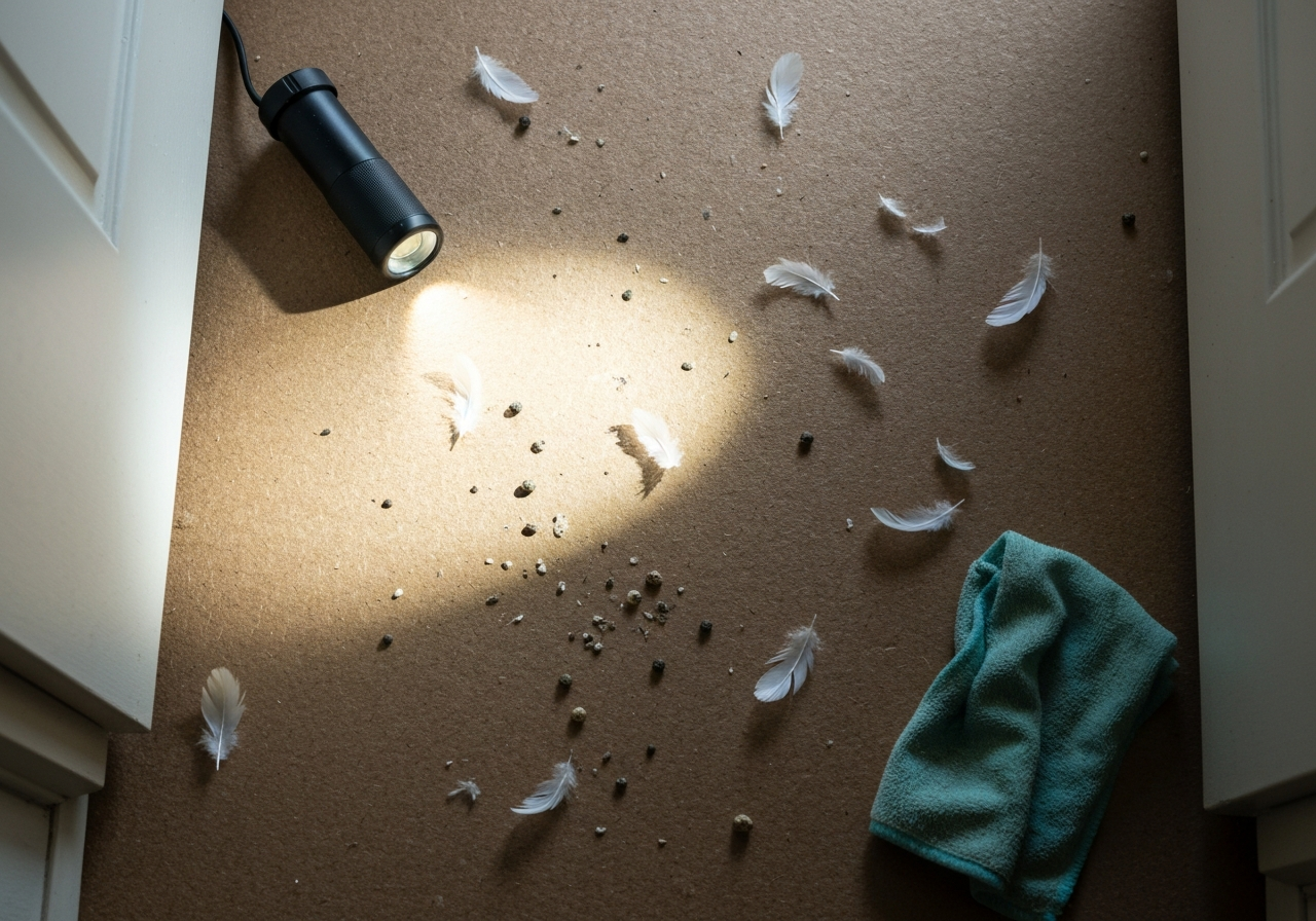 Feathers and droppings found during a walk-through before disposal