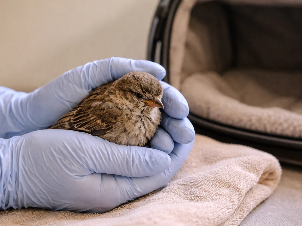 A distressed older-looking bird being gently cared for with a soft towel and carrier nearby