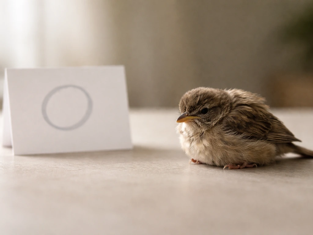 Frail small bird with visible distress beside an age-neutral marker, suggesting decline isn’t just age.