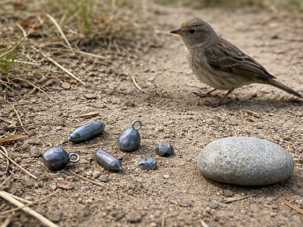 Small bird foraging near scattered lead sinkers and fragments, with a safe alternative rock nearby.