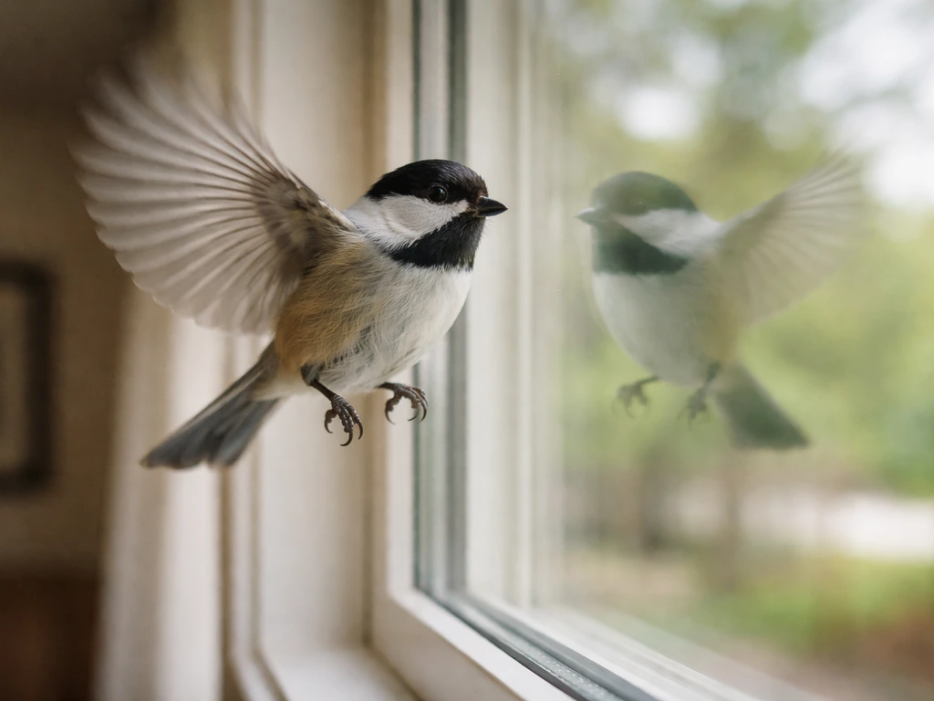 Small bird near a window with visible reflection, suggesting a collision risk