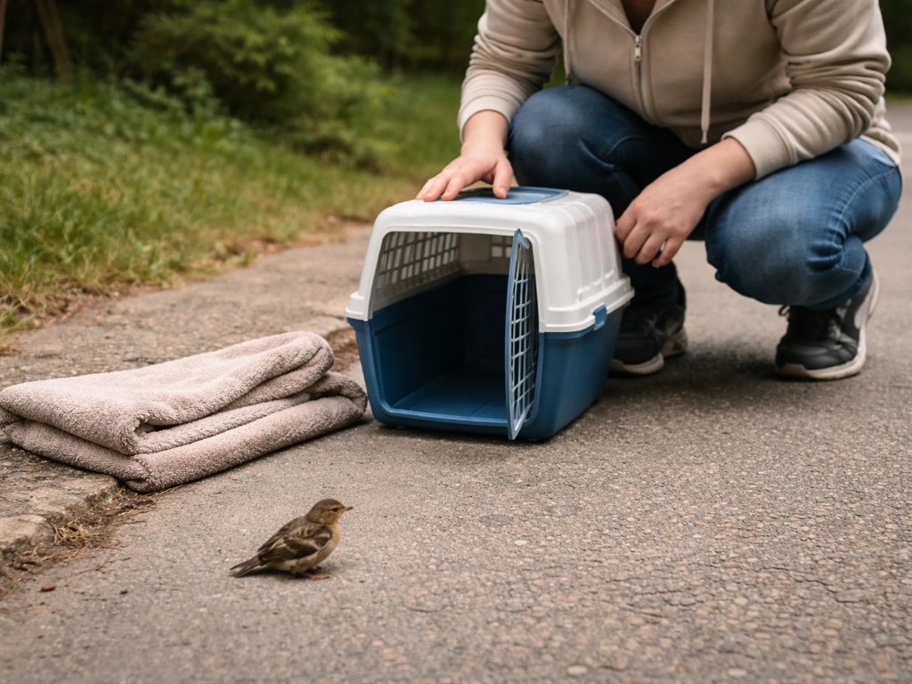 Person quietly watching a distressed bird from a distance beside a towel and open carrier box