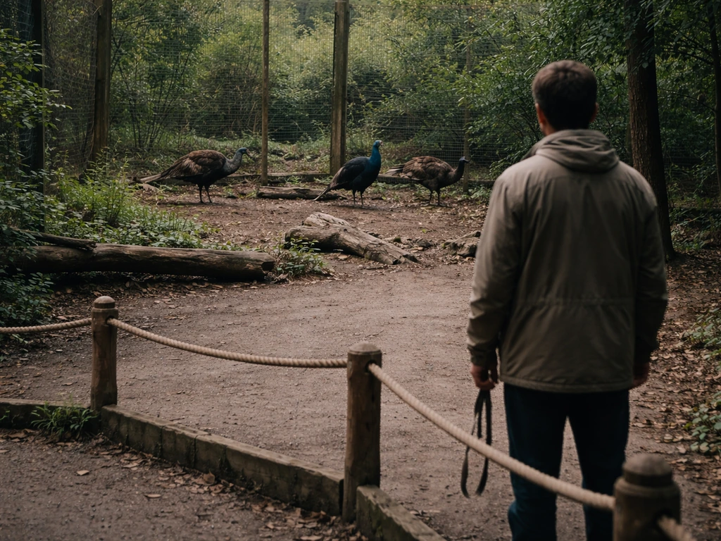 Person stands behind a safety barrier near an aviary path while large ground birds move nearby.