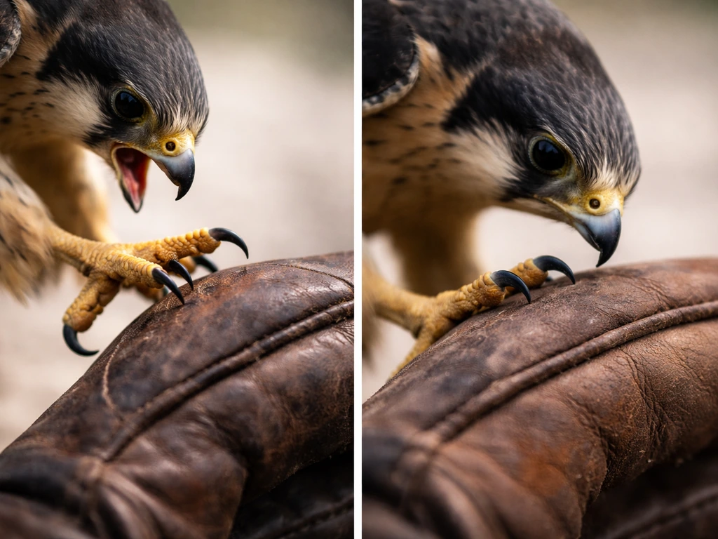 Close-up of a beak and talon hovering near a glove, showing a direct strike versus harmless contact.