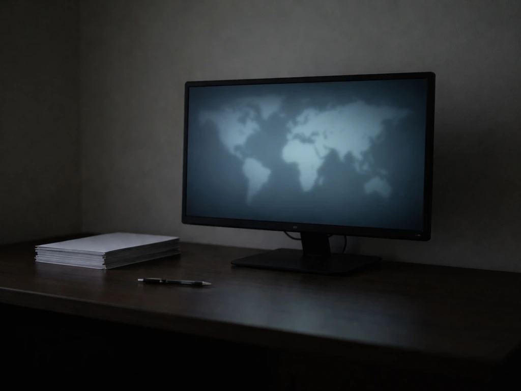 Minimal photo of a dim office monitor with a subtle world-map glow and blurred paperwork, suggesting sparse reporting.