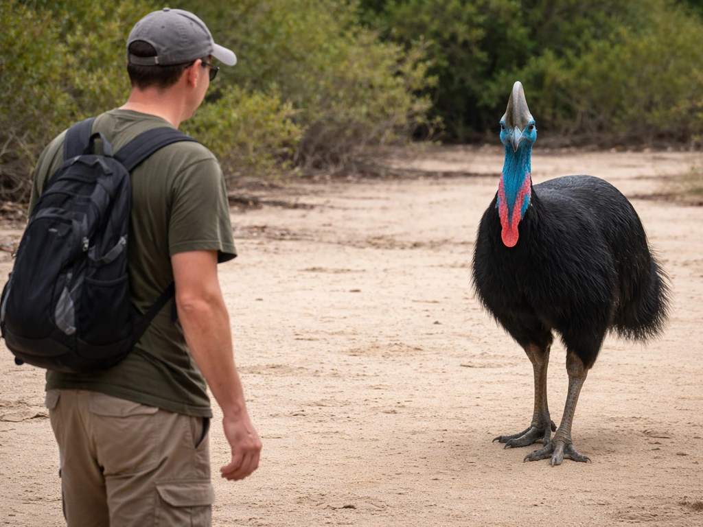 Adult standing near a cassowary in an outdoor sandy habitat, showing heightened proximity risk.