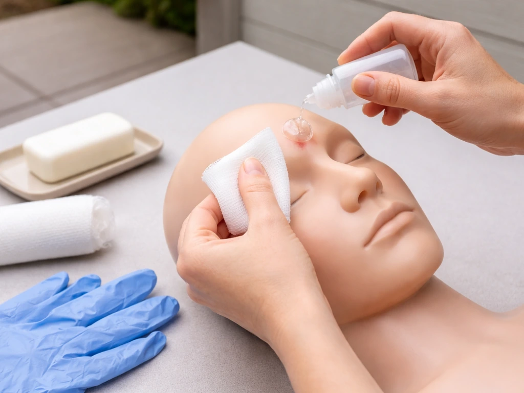 Hands applying gauze to protect the face and cleaning a small puncture wound with saline.