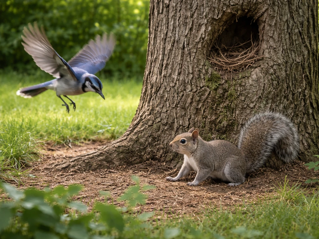 Small bird dive-chasing a squirrel near a tree with a visible nest area in the branches.