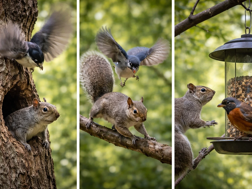 Three split outdoor vignettes of a bird chasing a squirrel: nest defense, territorial chase, and food competition near a