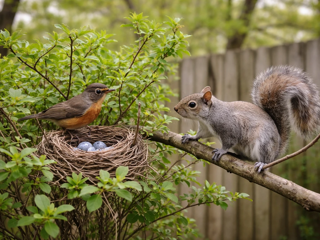Songbird near a visible nest in spring shrub as a gray squirrel approaches nearby.