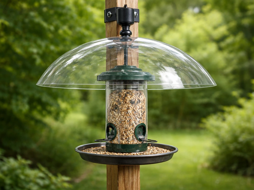 Outdoor bird feeder with a dome baffle and visible mounting hardware blocking squirrel access.