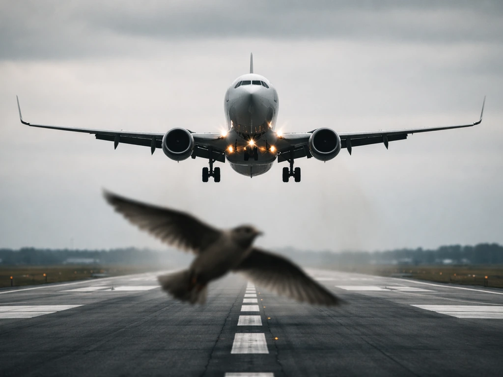 Jet on runway approach with a bird in the foreground and motion blur suggesting a dangerous bird strike.