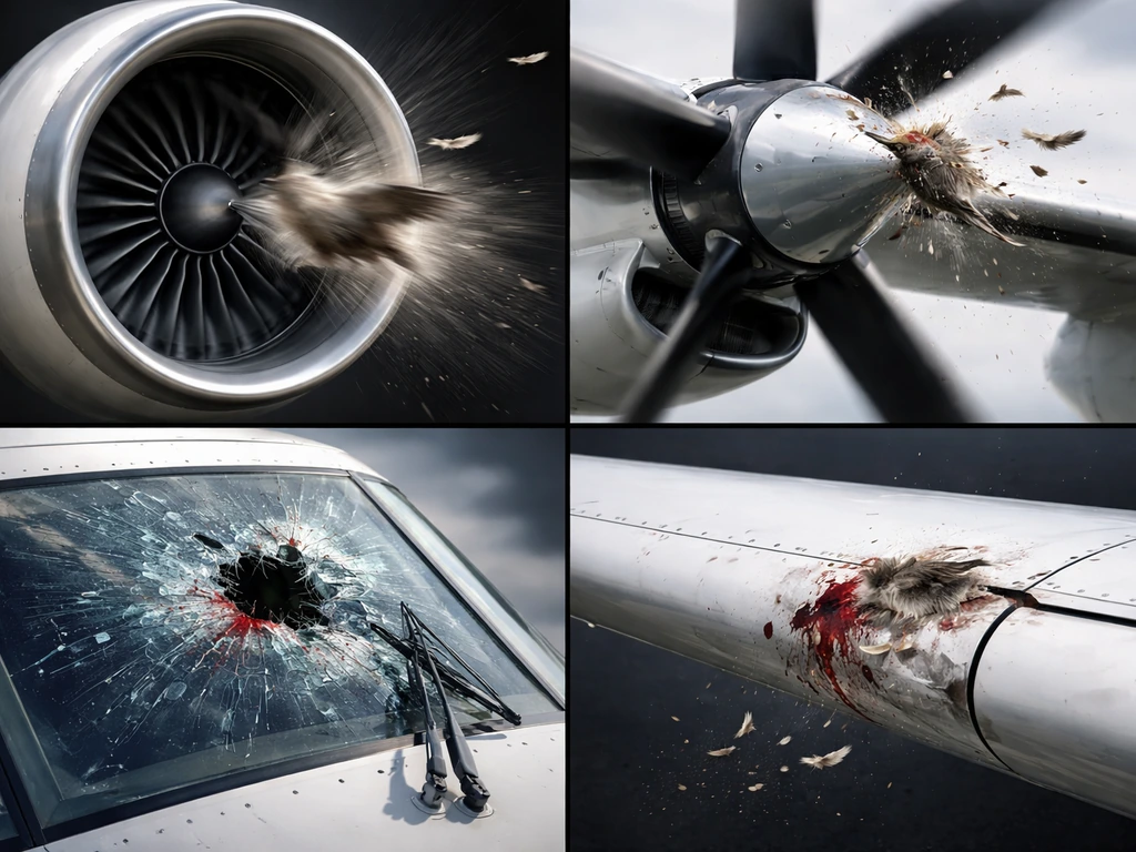 Minimal multi-panel cutaway showing bird strike damage: engine ingestion, prop damage, cracked windshield, and hit contr