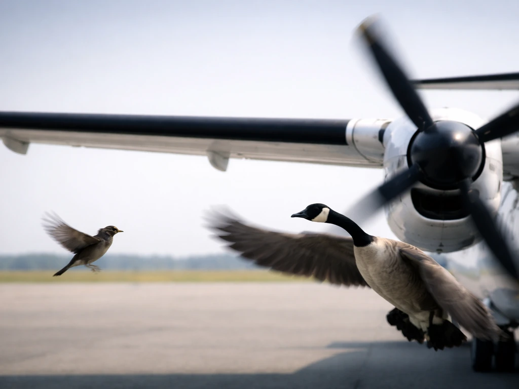 Close side-by-side view of small songbird and large waterfowl near a turboprop wing, showing higher strike risk.