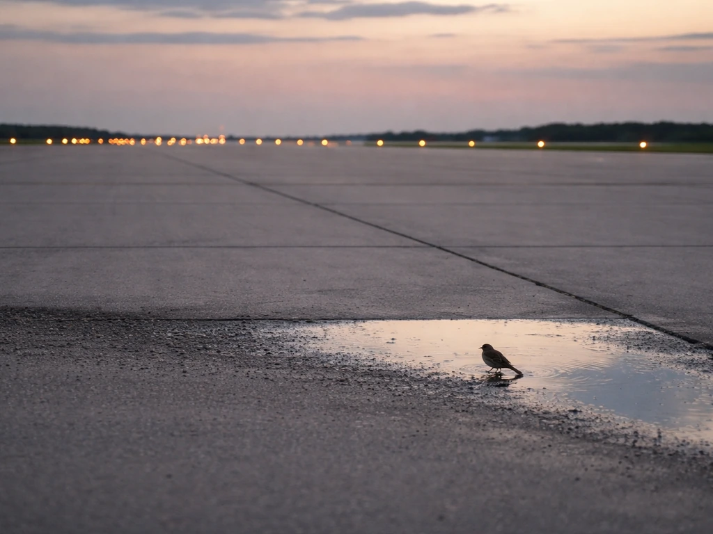 Airport tarmac at dusk with distant runway lights and a single bird perched near a small puddle