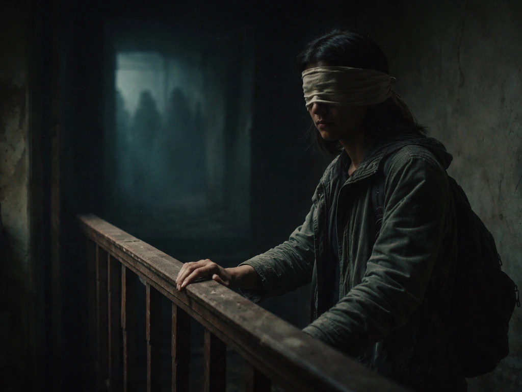Blindfolded survivor in a dim room peers toward a dark hallway where eerie shapes loom in the shadows.