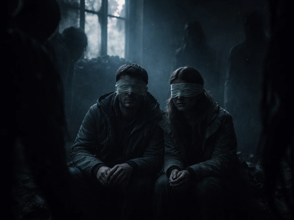 Blindfolded survivors sit in a dark ruined room as shadowy entities loom nearby.