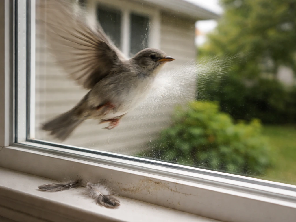 Close-up of a small bird striking a clear window, showing collision aftermath on the glass ledge.