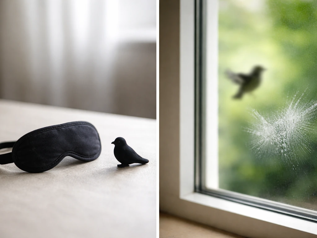 Minimal two-part tabletop scene: blindfold/toy bird on one side, window pane with bird impact blur on the other.