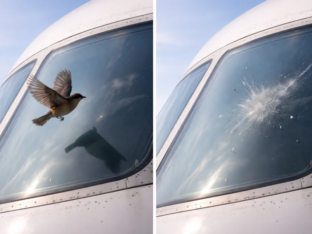 Bird in mid-collision with an airplane window, showing impact moment and aftermath on a split scene.