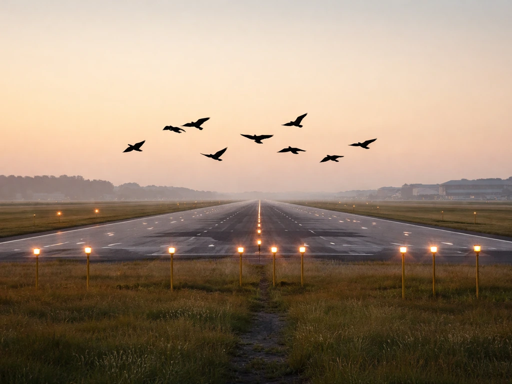 Low-flying birds near an airport runway during takeoff/approach in warm natural light.