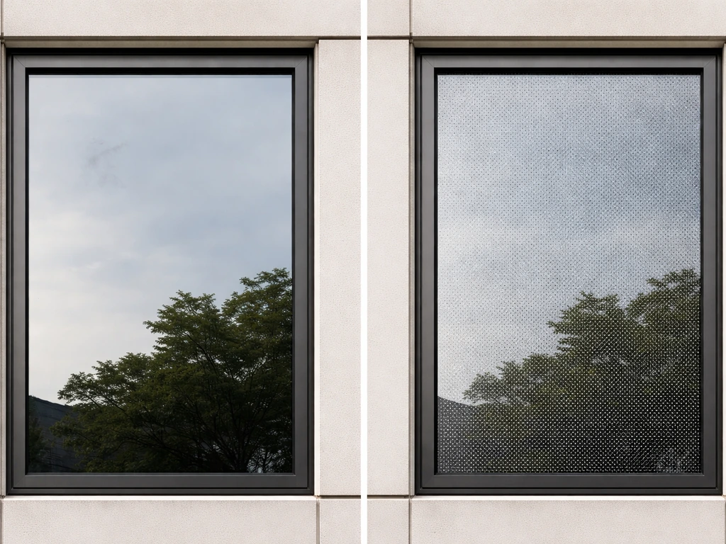 Before-after view of reflective office windows: untreated glare left, bird-safe treated glass right.