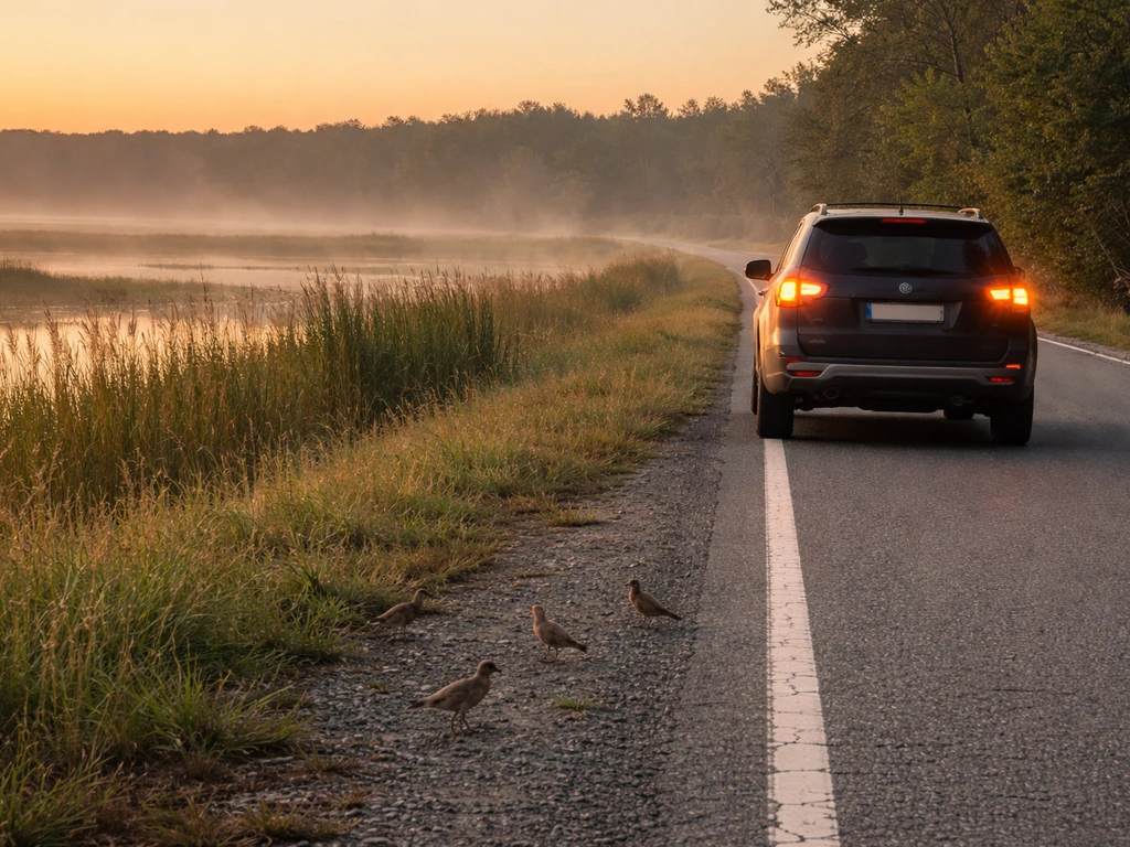 Anonymous SUV stopped at dawn near a wetland, with small birds at the roadside in misty reeds.