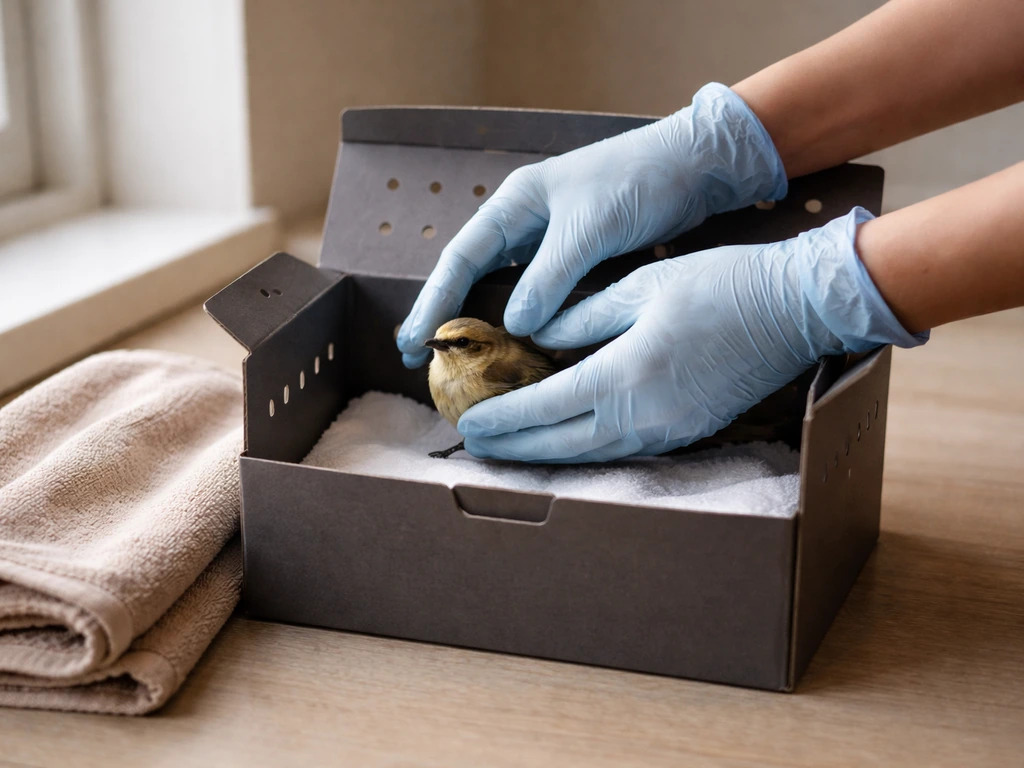 Gloved hands place a small bird into a ventilated recovery box with a towel nearby indoors.