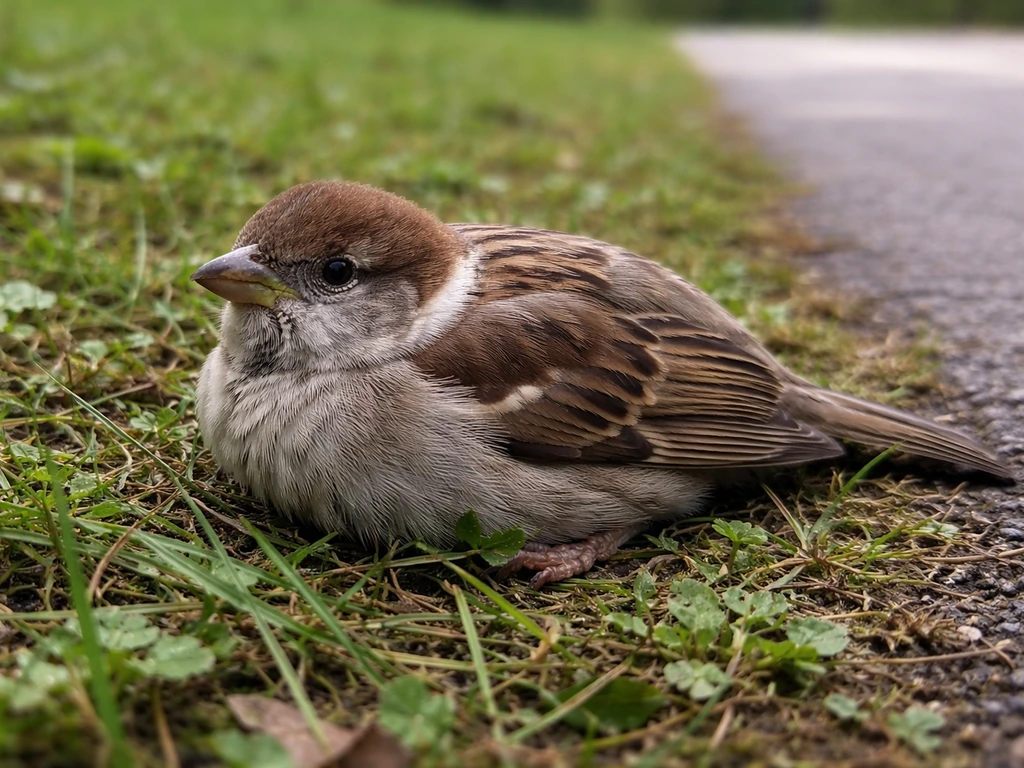 Small sparrow-like bird on the ground, eyes open, subtle chest movement, alert but stunned.
