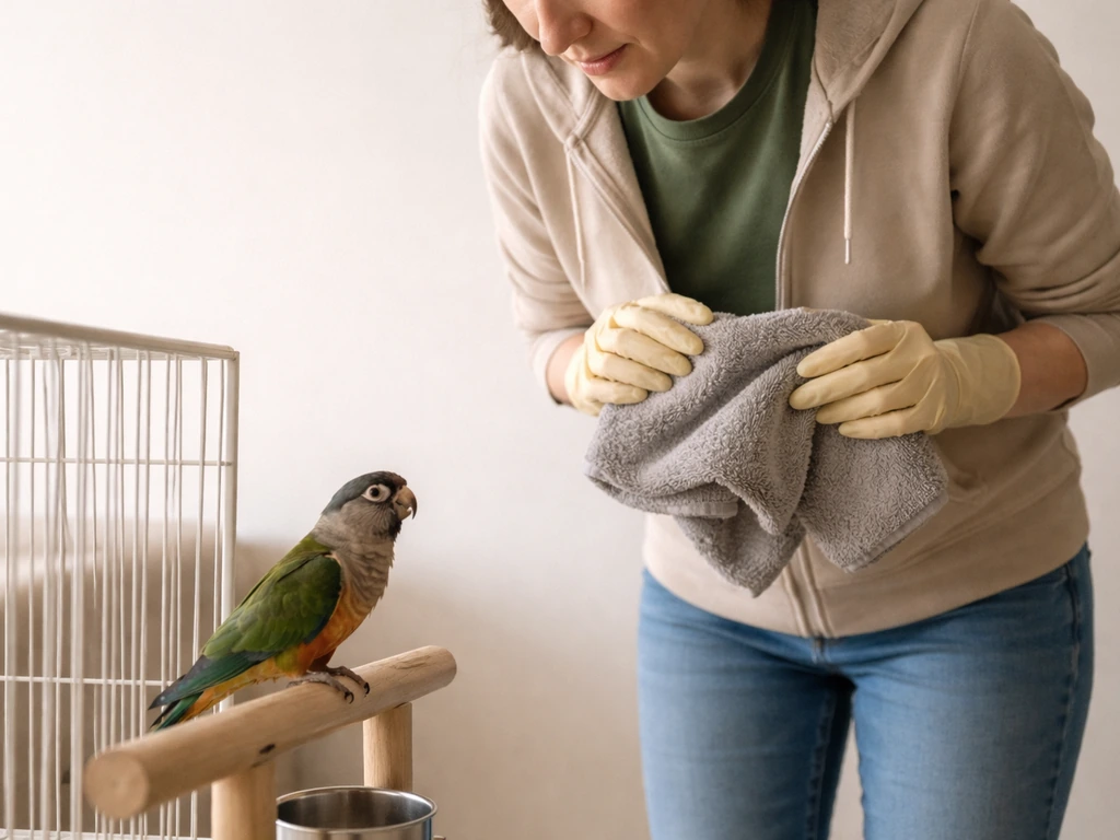 Anonymous rescuer keeps distance and visually checks a small bird’s breathing and beak movement with gloves and towel re