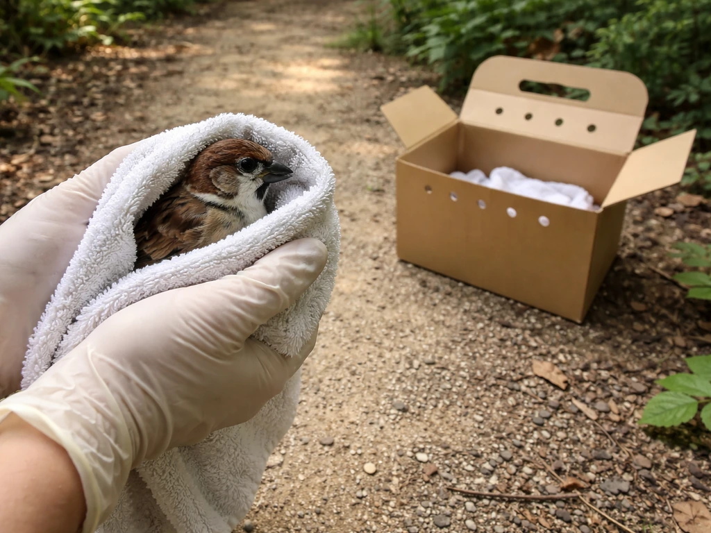 Gloved hands use a towel to safely lift a small bird and place it into an open box