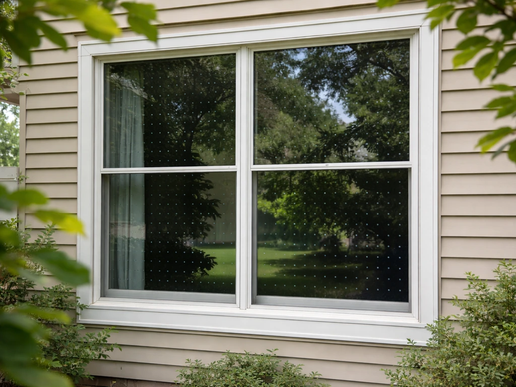 Suburban home window with UV reflective decals in a quiet yard setting, indicating bird-strike prevention.