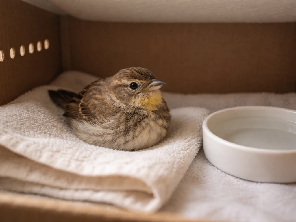 Small songbird in a covered recovery box, alert and safe, ready for first-aid triage