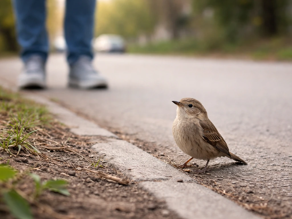 Wild bird perched on the ground while a person stands at a safe distance, observing posture cues.