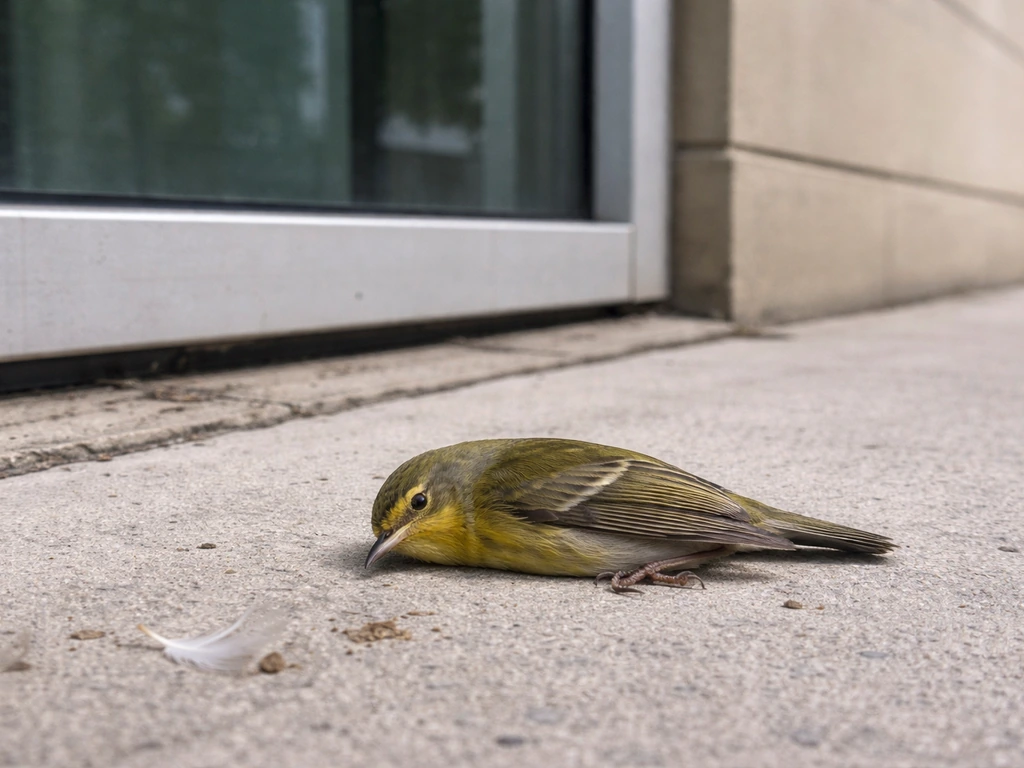 Small bird stunned on pavement beside a building window, suggesting a window strike incident.