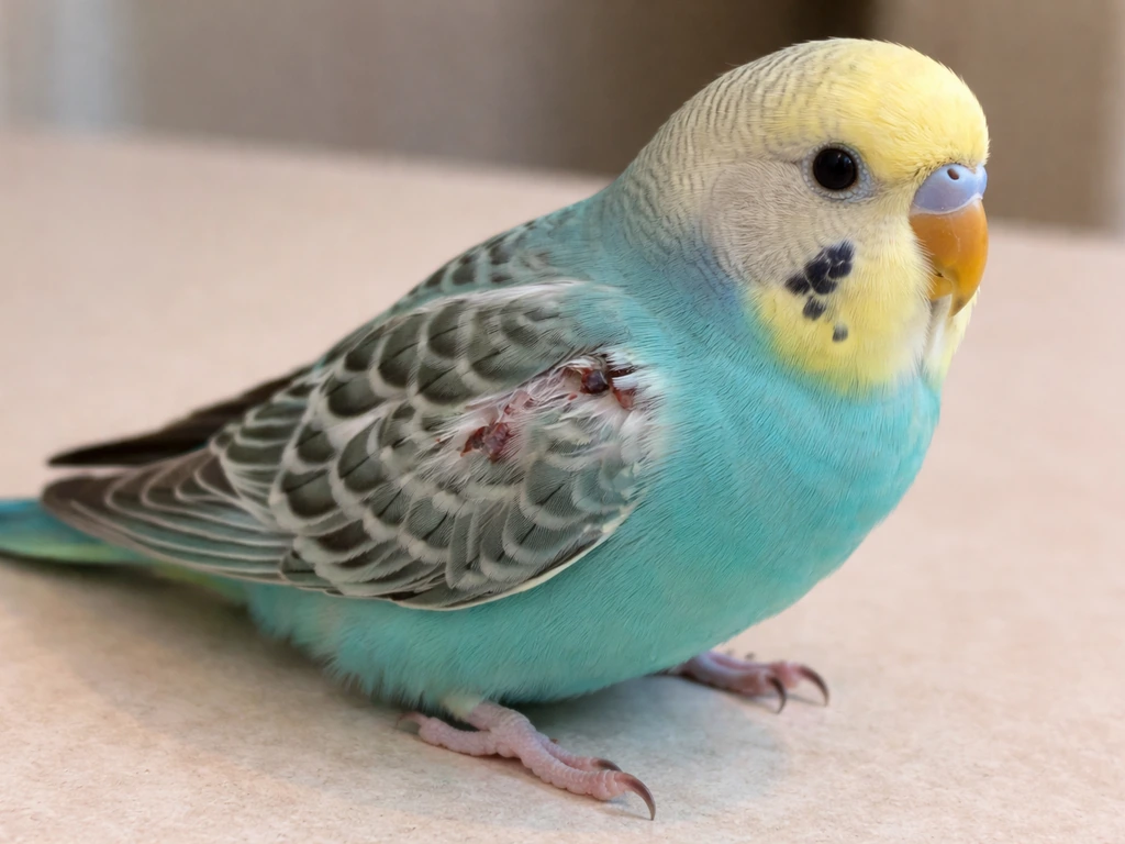 A small pet bird with minor, non-graphic puncture marks on feathers after an attack risk.
