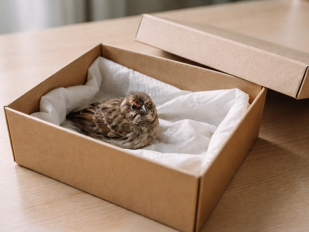 Small bird resting in a soft-lined lidded cardboard box ready for covering indoors.