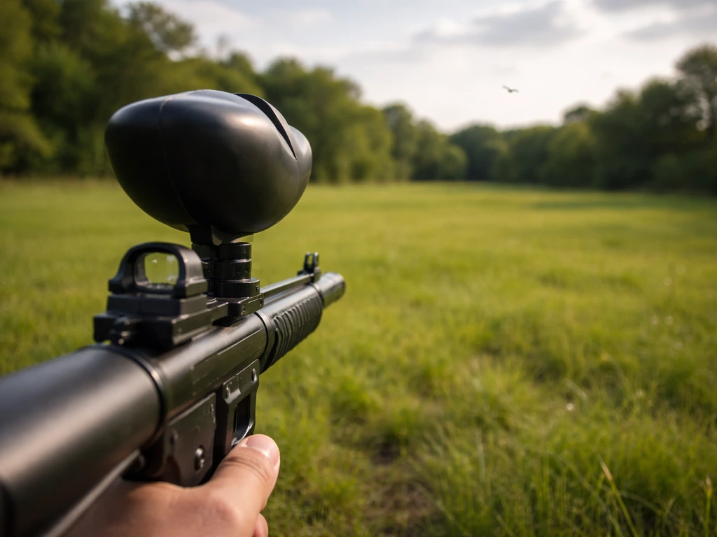 Paintball marker aimed at a grassy field with a distant bird silhouette in the background.